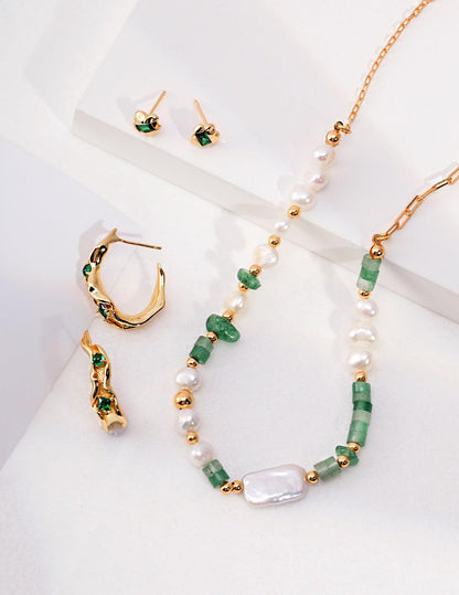 Crystal Gemstone & Pearl Gold Necklace - DuoerJewels